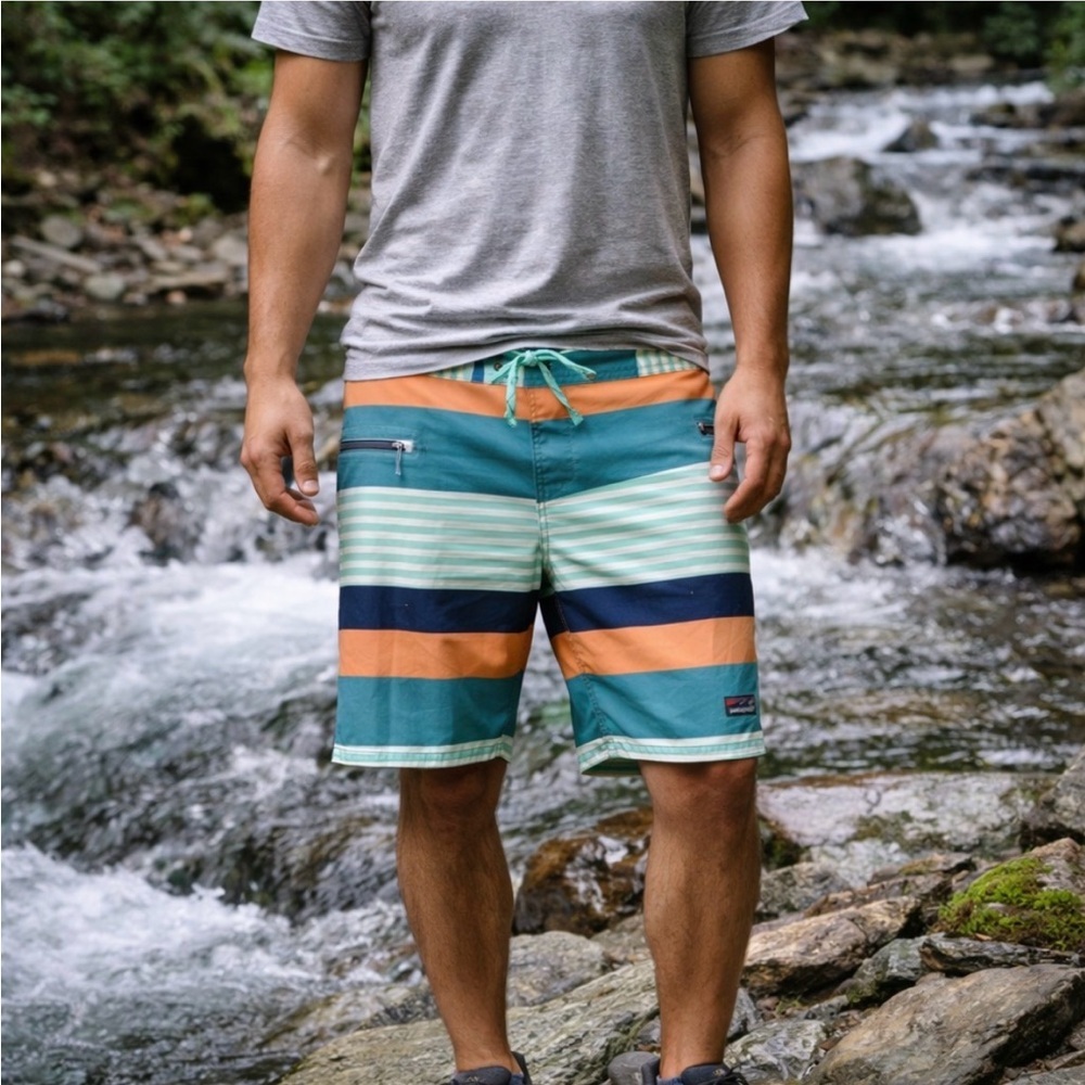 Patagonia Wavefarer Board Shorts Fitz Stripe Sz 36 Surfing Hiking Swim Vacation